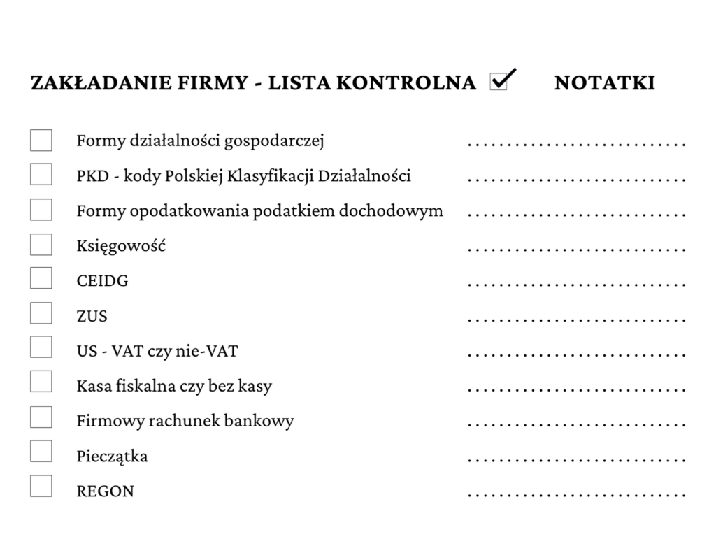 Zakładanie firmy lista kontrolna